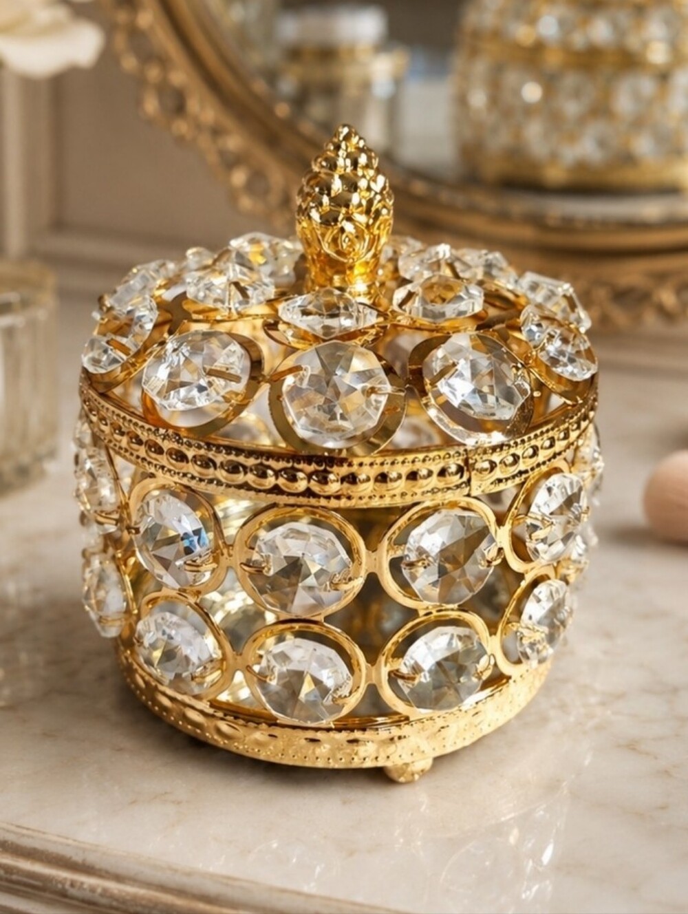 Jewelry Jewel Box Faceted Crystals Heavy Gold Plate Finial Mirrored Velvet NEW